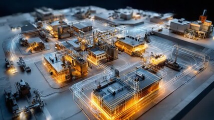 Modern Industrial Landscape: An intricate, illuminated model showcasing the vibrant activity of a modern industrial complex, highlighting its scale and technological innovation.
