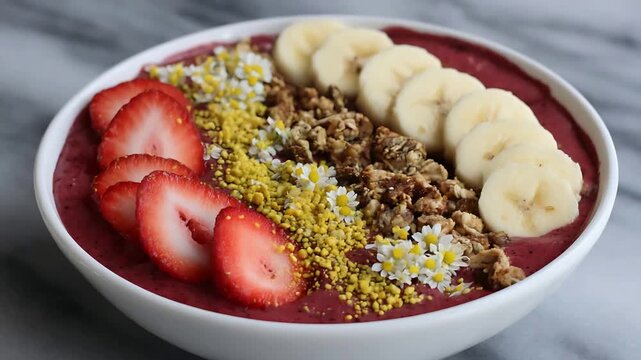 Healthy and Delicious Acai Smoothie Bowl with Fresh Strawberries, Bananas, Granola, and Bee Pollen.