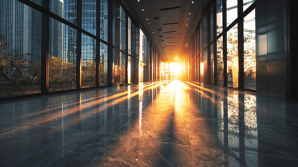 Empty office corridor with glass walls bathed in warm sunlight, symbolizing professionalism, modern architecture, clarity, opportunity, and a bright, inspiring business environment.