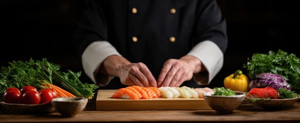 The chef lovingly crafts an exquisite sushi platter brimming with vibrant fresh ingredients.