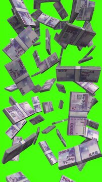 Vertical Taiwan Dollar bills falling on chromakey, TWD cash rain for mobile content
