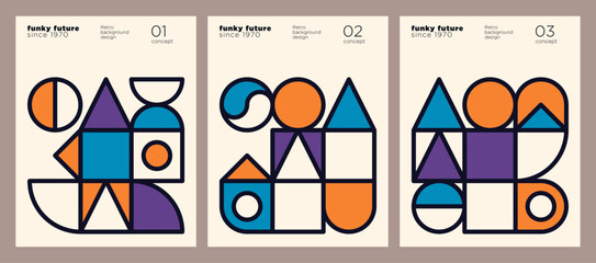 A set of a retro poster layouts in an abstract style with a geometric shapes in color. Vector illustration.