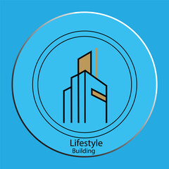 Geometric building lines in a double-circle frame, flat design style for property management or housing