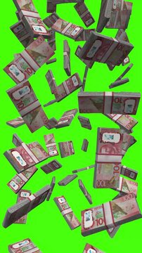 Vertical New Zealand Dollar bills falling on chromakey, NZD finance animation