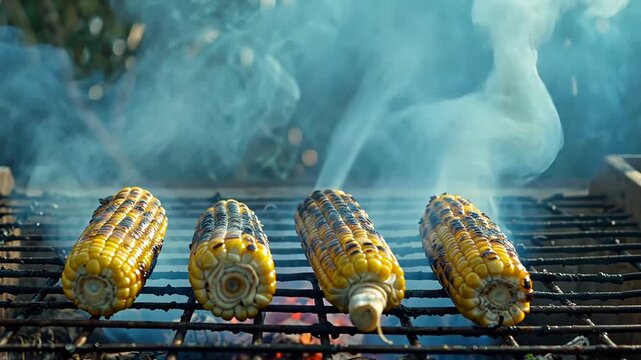 Grilled corn on the cob sizzles on a barbecue grill with smoke rising.