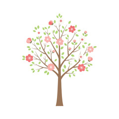 Blooming Tree with Pink Flowers and Green Leaves, Spring Blossom, Isolated on White Background