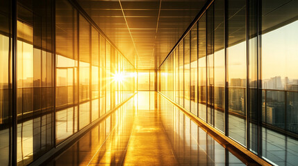 Empty office corridor with glass walls bathed in warm sunlight, symbolizing professionalism, modern architecture, clarity, opportunity, and a bright, inspiring business environment.