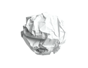 A crumpled white paper ball against a black backdrop, showcasing many folds and shadows