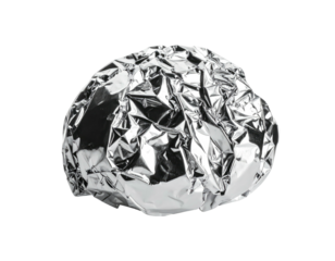 A crumpled sphere of shiny, metallic foil, isolated on a black background