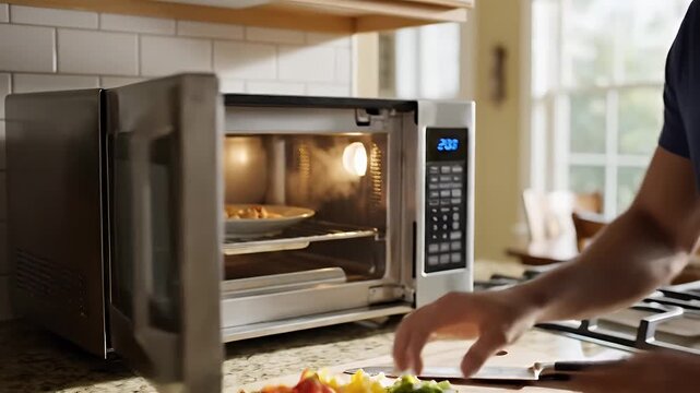 Man cooking with a microwave oven and preparing fresh vegetables in a bright kitchen