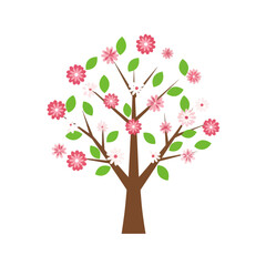 Obraz premium Blooming Spring Tree with Pink and White Flowers and Green Leaves, Isolated on White