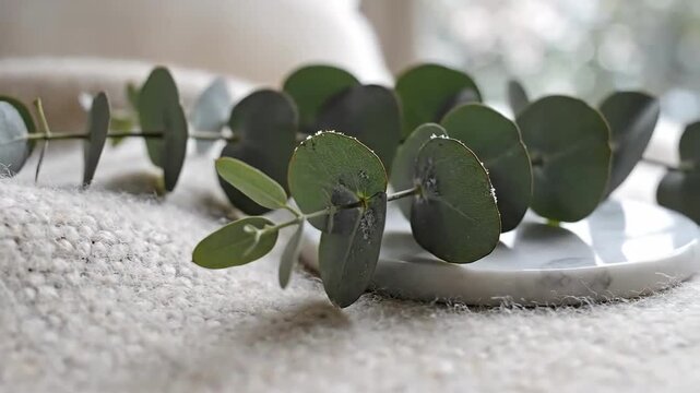 Gentle Eucalyptus Branches On Wool Texture, Softness And Serenity, Minimalist Natural D?cor