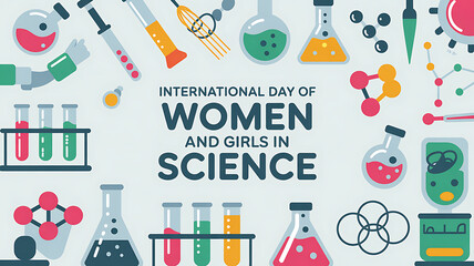 International day of women and girls in science educational banner with laboratory equipment and science tools on white background with women in science