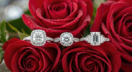 Luxury diamond rings on red roses for romantic proposal or anniversary