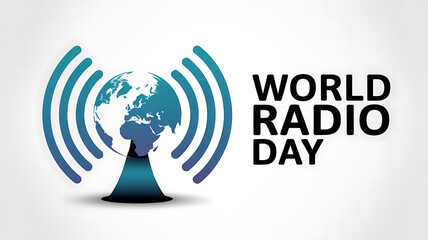 World radio day banner with abstract globe and sound waves on white background with communication and broadcast and media and global and technology