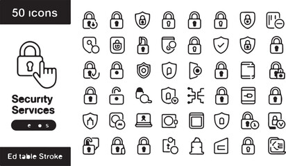 A Comprehensive Set of 50 Black Line Art Icons for Security Services, Editable Stroke Design
