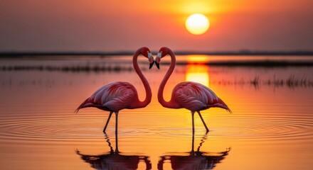 Romantic pink flamingos forming heart shape at sunset