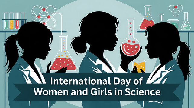 International day of women and girls in science, female scientists in lab coats examining petri dishes and test tubes with colorful liquids, symbolizing research - Powered by Adobe