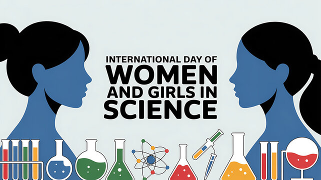 International day of women and girls in science banner with silhouettes of two women facing each other surrounded by laboratory equipment and science symbols on a white - Powered by Adobe