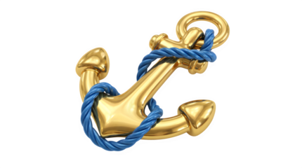 3D Golden Anchor with Blue Rope on Transparent Background