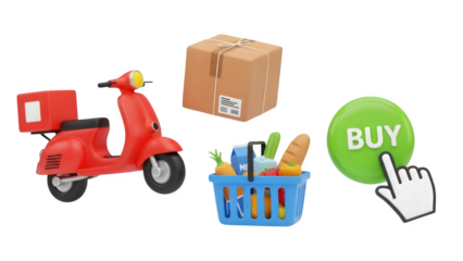 3D Online Shopping and Delivery Icons with Scooter and Grocery Basket