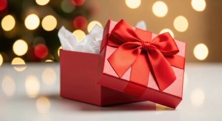 Beautifully wrapped red gift box with elegant bow on white surface
