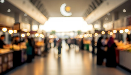 A fully blurred bright afternoon food market in a spacious setting
