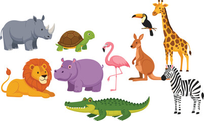 Obraz premium Wild animals vector illustration set with lion giraffe zebra kangaroo crocodile and exotic zoo animals isolated
