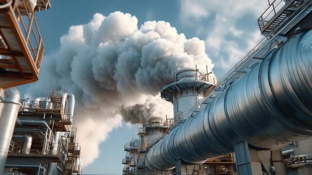 Industrial Emissions: A close-up view of an industrial plant billowing smoke, portraying the impact of industry on the environment.