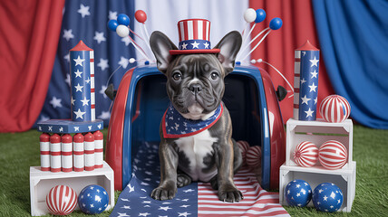 A charming French Bulldog puppy with an Uncle Sam hat sits on an American flag with festive decor