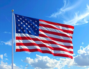 Obraz premium The majestic national flag proudly unfurls against a clear blue sky, symbolizing profound freedom, unity, and deep national pride