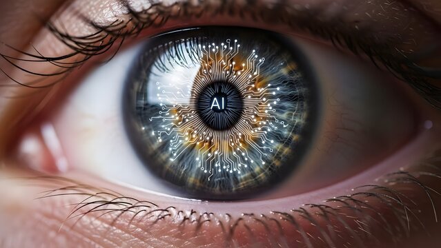 Human eye with digital circuit iris and ai text overlay representing futuristic technology - Powered by Adobe