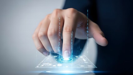 Man's hand touching futuristic glowing interface with digital data visualization