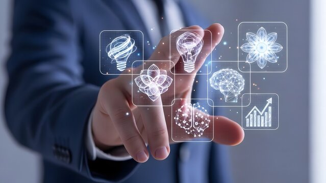 Businessman hand touching virtual screen displaying artificial intelligence and business icons - Powered by Adobe