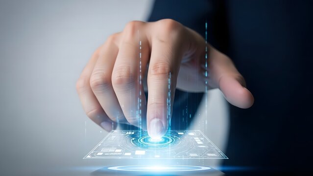 Man's hand touching futuristic glowing interface with digital data visualization - Powered by Adobe