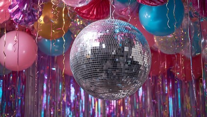 Dazzling Disco Ball Under Balloons Decoration Shimmering Reflective Sphere Design Artistic Event Decoration Colorful Balloons and Streamers Sparkle Celebration