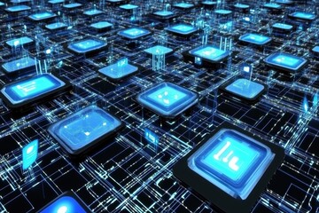 Digital circuit board with glowing blue microchips and connections