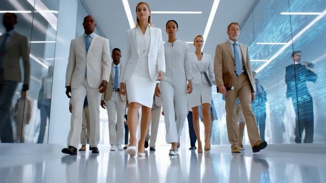 Corporate stride: A dynamic, professional ensemble confidently strides down a modern, sleek hallway, embodying the spirit of progress and teamwork.