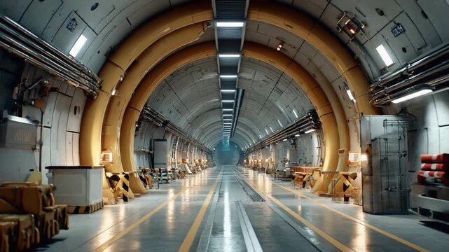 Inside the Tunnel: An industrial tunnel, with arching beams and utilitarian design. Showcasing structural design and potential passage