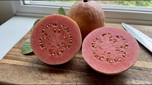 Pink guava cut in half showing vibrant flesh and ring of small hard seeds in center placed on wooden board for exotic fruit concept