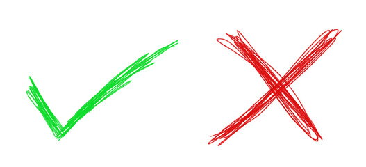 green agree check mark and red deny cross hand drawn scribbling with colorful pen isolated on white or transparent png
