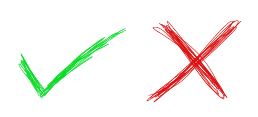 green agree check mark and red deny cross hand drawn scribbling with colorful pen isolated on white or transparent png