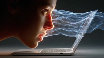 Digital Immersion: A person's focused face blends with a laptop, the lines connecting, exploring the seamless blend of human interaction and technological advancement.