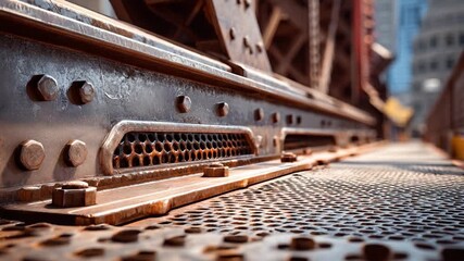 Rusty Bridge Close-Up: A weathered metal bridge, its robust structure revealing a detailed perspective of its age and the strength it embodies.