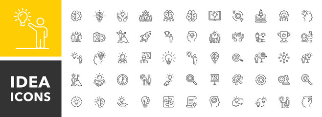 Idea outline icon set. Creative idea, brainstorming, solution, thinking and innovation icons. Brainstorm line icon. Editable stroke. Lightbulb with brain symbol. Vector illustration