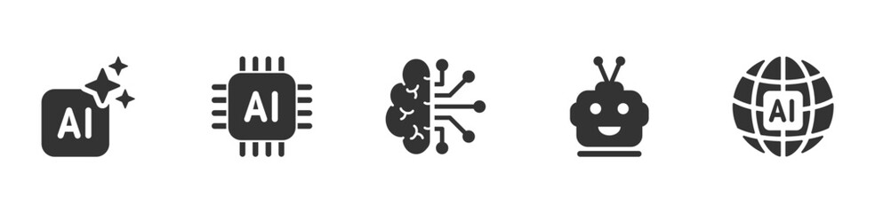 Artificial intelligence icons set. Artificial intelligence technology and Machine learning concept. Set contains such Icons as Ai Architecture, Brain, Robotics, Ai Technology, Algorithm and more.
