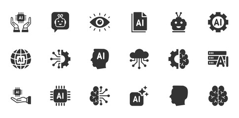 Artificial intelligence icons set. Artificial intelligence technology and Machine learning concept. Set contains such Icons as Ai Architecture, Brain, Robotics, Ai Technology, Algorithm and more.
