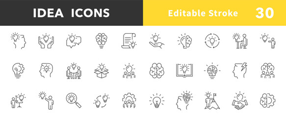Idea outline icon set. Creative idea, brainstorming, solution, thinking and innovation icons. Brainstorm line icon. Editable stroke. Lightbulb with brain symbol. Vector illustration