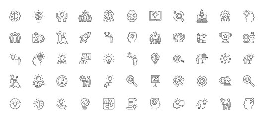 Idea outline icon set. Creative idea, brainstorming, solution, thinking and innovation icons. Brainstorm line icon. Editable stroke. Lightbulb with brain symbol. Vector illustration