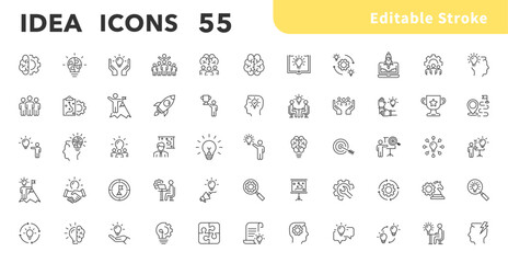 Idea outline icon set. Creative idea, brainstorming, solution, thinking and innovation icons. Brainstorm line icon. Editable stroke. Lightbulb with brain symbol. Vector illustration